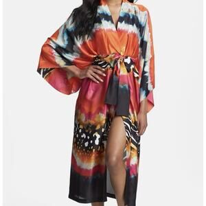 Natori Size XL Orange Mixed Print Long Mayon Robe Kimono Sleeves Multicolor